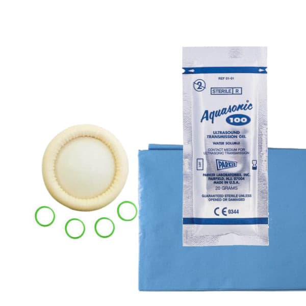 Kit d'échographie stérile : gel Aquasonic, protection de sonde, champ bleu et élastiques